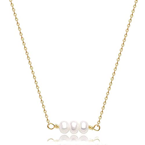 Beriso Pearl Necklaces For Women Dainty 14K Gold Plated Shining Chain Tiny Pearls Choker 3 Pearls Short Necklaces Mini Floating Pearls Choker Adjustable Delicate Jewelry Gift For Women Girls Friend #TOP5