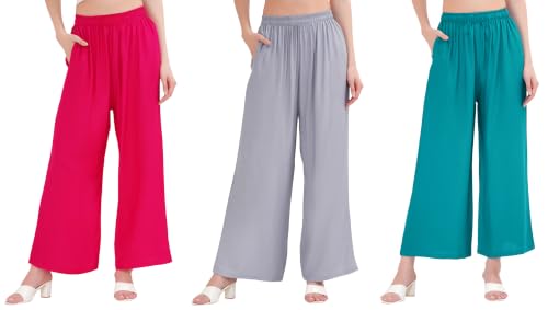 Image of Buy That Trendz Palazzo Pants for Women Rayon Elasticated Regular Fit Flared Wide Leg M to 6XL Pack of 3