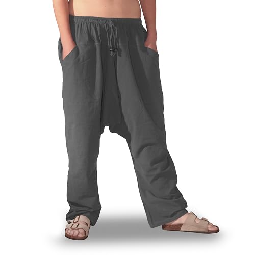 SAVARI - Pantalón Harem Tailandés, Pantalones Bombachos Hombre Mujer con Bolsillos Sin Puños 100% Algodón. Cintura Elástica y Cordones Talla Única Ideal Taichi, Premamá, Yoga. (Gris)