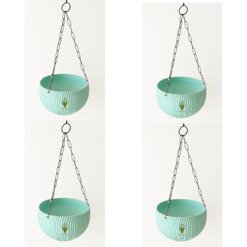 Image of Hanging Flower Pots with Chain - Set of 4 | Eco-Friendly White Plastic Planters for Balcony, Indoor & Outdoor Use | Round Ribbed Design (Light Blue 4 Pieces)