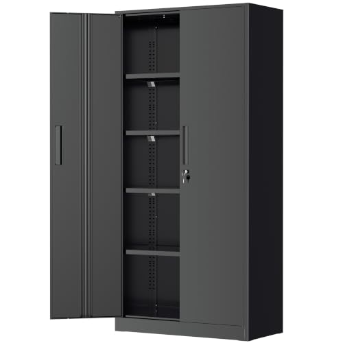 Greenvelly Storage Cabinet 72 Black Garage Steel Locking Cabinet with Doors and 4 Adjustable Shelves Tall Lockable File &Tool Cabinet for Home Office Metal Classroom Cabinet Basement