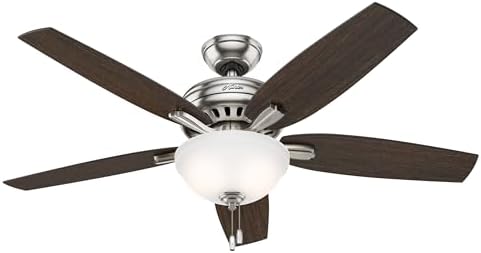 Hunter 52 inch Indoor Ceiling Fan with LED Light - Ceiling Fan with Pull Chain, For Bedroom or Living Room, Standard Mount, No Remote, 5 Blades, Includes Bulbs - Newsome 53312, Brushed Nickel