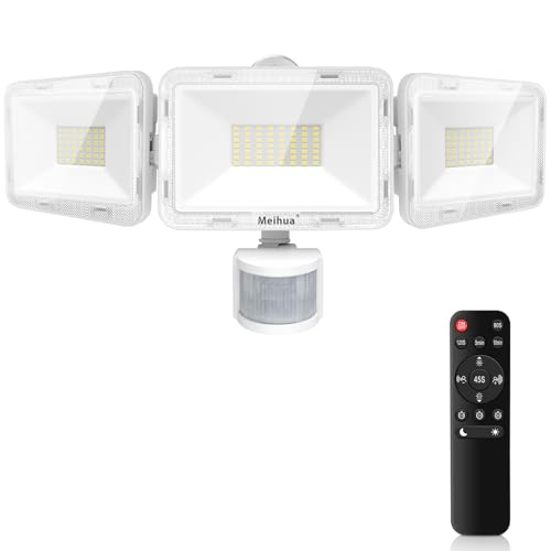 MEIHUA 70W LED Strahler mit Bewegungsmelder Fernbedienung 700-6850LM IP66 Wasserdicht Flutlicht 6500K Drei-Kopf 180°Verstellbar Scheinwerfer für...