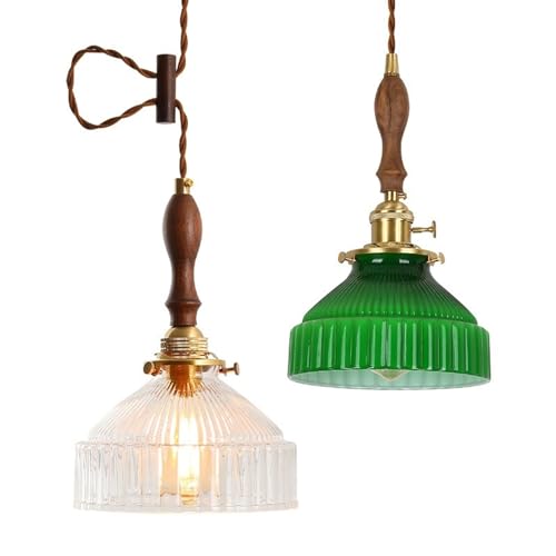 Luminaire suspendu LED verre vert et bois scandinave pour chambre