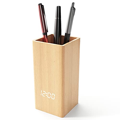 KINGU Digital Pen Holder - Wooden Desk Clock Pencil Holder - Office Digital Clock Pen Holder - Multifunctional Desk Pencil Holder With Clock - USB Powered/battery Operated Clock Holder - Simple Bamboo Pen Cup