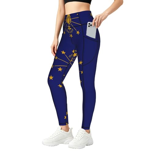 SABFWF Leggings da donna con stampa bandiera dell'Indiana, set da allenamento con tasche, per palestra, fitness e uso quotidiano, Nero , XXL