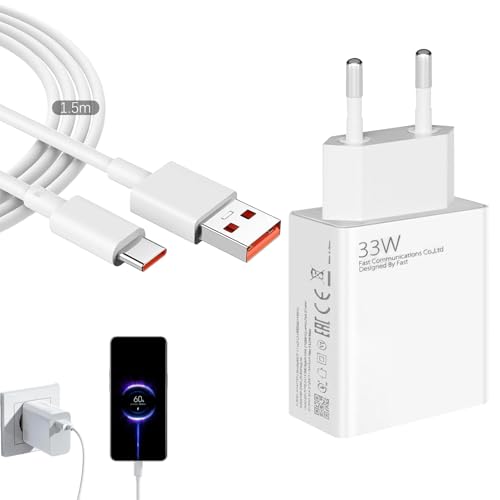 Cargador Cargador rápido de 33 W para Redmi y Cable USB-C 1.5 m Fuente de alimentación con 6 A Cable de Carga, Cable de alimentación Turbo, Compatible con Xiaom Redm Note 14/13/12, Xiaomi Mi 11 10 10T