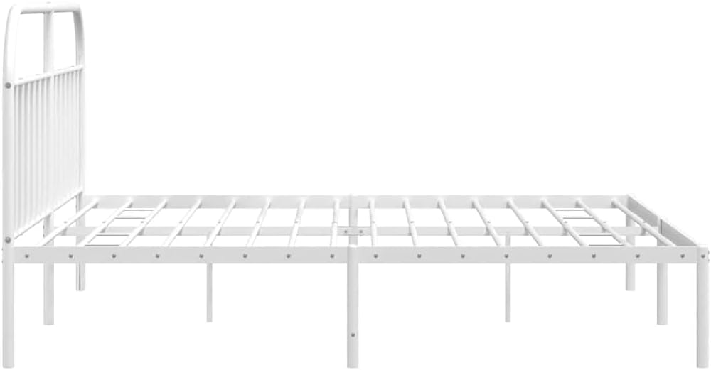 White Powder-Coated Steel Bed Frame with Headboard 76 x 80 in Platform Foundation for Bedroom, Durable Sturdy Nonslip Industrial Minimalist Furniture with Storage