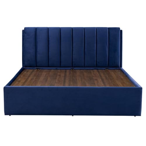 Image of Wakefit Bed | King (78 X 72) Solid Wood Bed, Upholstered, Hydraulic Storage, 3 Year Warranty - Antho - Velvet Blue
