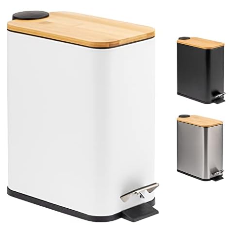 bremermann Bamboo Lid Bathroom Bin with Soft Close 5 Litre White Cover