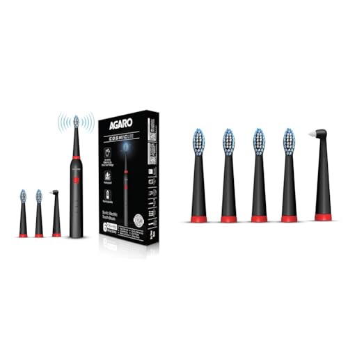 Image of AGARO COSMIC Lite Sonic Electric Toothbrush for Adults - Black & AGARO Cosmic Lite Refill Pack 4+1 pcs, Black