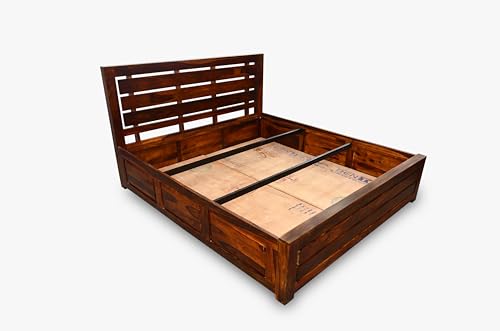 Image of SHISSO Furniture Solid Sheesham Wood Queen Size Bed with Storage|Wooden Box Bed Queen Size Double Cot Bed Palang with Storage Box for Home,Bedroom,Living Room,Hotel,Resort|Fanti Design,Natural Brown