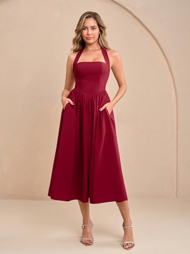 Image of Parthea Women's Floral Halter Corset Midi Dress 2026 Elegant Smocked Flowy Wedding Guest Dresses with Pockets