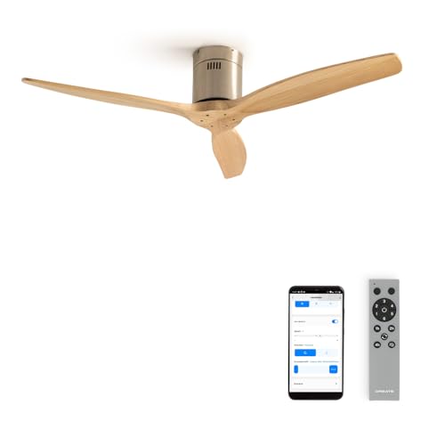 CREATE / WINDCALM NATURAL WOOD M/Ventilador de techo níquel aspas madera clara con Wifi y mando / 40W, Temporizador, Ø132 cm, 6 velocidades, silencioso, función verano-invierno