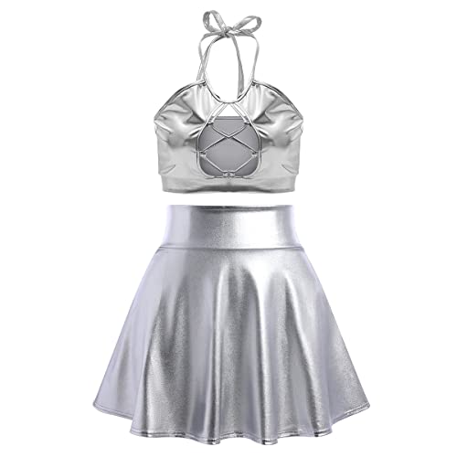Costume extraterrestre paillettes argentées avec mini-jupe effet métallique brillant