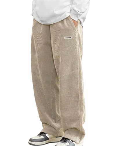 Mokaloha Mens Corduroy Pants, Pit Strip Embroidery Logo Tether Loose Elastic Waist Pocket Pants, Men's Casual Pant