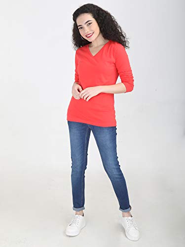 Image of FLEXIMAA Women's Cotton Plain V Neck Full Sleeve T-Shirt