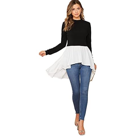 Floerns Blusa de cuello redondo patchwork asimétrico dobladillo 2 en 1 para mujer Cover