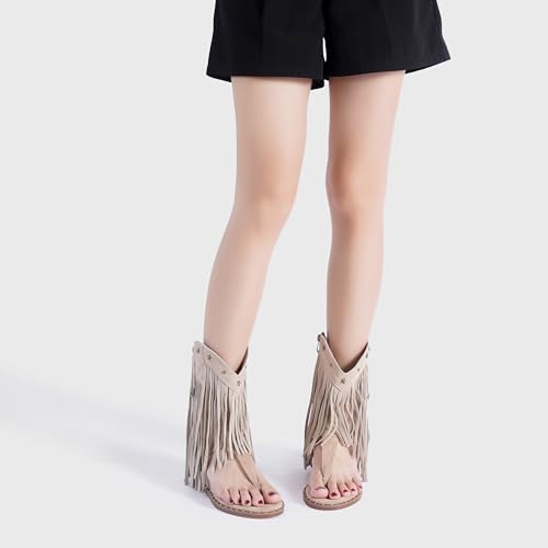 Image of Women's Bohemian Tassel Gladiator Sandals Brown Suede Thong Flip Flops for Fringe Summer Wedge Heel Sandal with Rivets Western Shoes