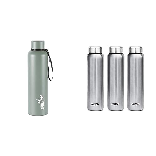 Image of Milton Aura 1000 Thermosteel Bottle, 1.05 Litre, Grey & Milton Aqua 1000 Water Bottle, 950 ml Each, Set of 3, Silver