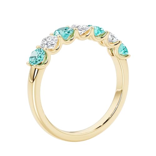 14k Solid White or Yellow Gold 1.30 Carats Alternating Oval Lab Grown Paraiba Tourmaline and Diamond 7-Stone Ring Band for Women, Wedding, Anniversary Ring, Sizes 4-103