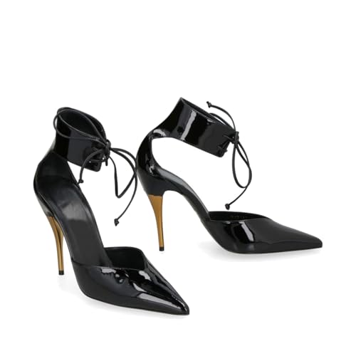 Women's Black/Pink Stiletto Slingback Heels Closed Pointed Toe Golden High Heel Ankle Strap Lace Up with Bow Pumps Fashion Party Dress Shoes Ladies2