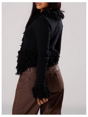 WDIRARA Women's Fuzzy Trim Cardigan Sweater Goth Punk V Neck Long Sleeve Knit Outerwear3