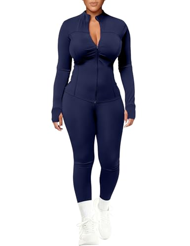 UOUA Womens Workout Set Two Piece Outfits Bodycon Long Sleeve Zipper Jacket & Leggings for Gym Tracksuit Navy S