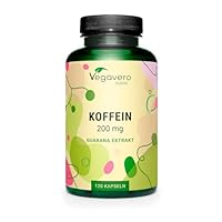 Koffein Kapseln Vegavero | 200 mg natürliches Caffeine | Aus Guarana Extrakt | Laborgeprüft & Vegan | Hochdosiert | Ohne Füll- und Zusatzstoffe | Deutsche Produktion