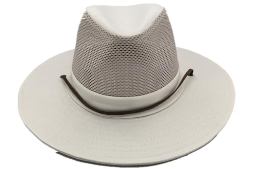 Image of Men's Flat Wide Brim Mesh Safari Outdoor Hat Panama Hat Travel Fishing Hiking with Windproof
