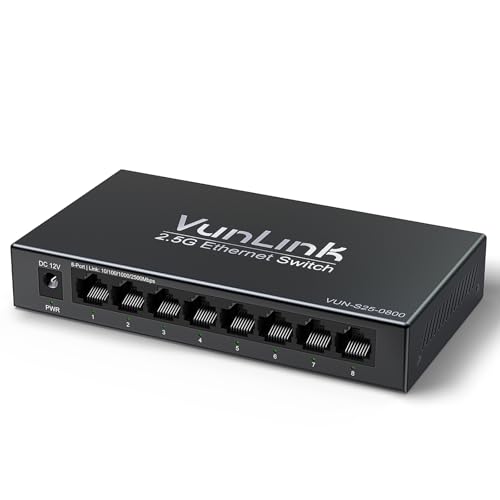 Image of 8-Port 2.5G Unmanaged Ethernet Switch, VunLink Multi-Gigabit 2.5GbE Network Switch, 8x2.5Gbps RJ45 Ports, Plug & Play, Fanless Metal Desktop /Wall Mount, Cat5e Compatible for NAS, Gaming & Home Office