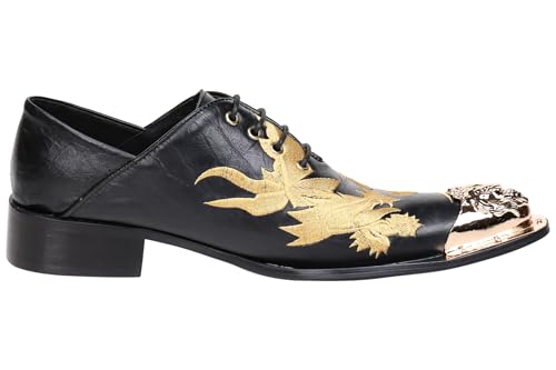 Santimon Mens Western Pointed Toe Leather Lace Up Dress Shoes Fashion Embroidery Metal Tip Oxford4