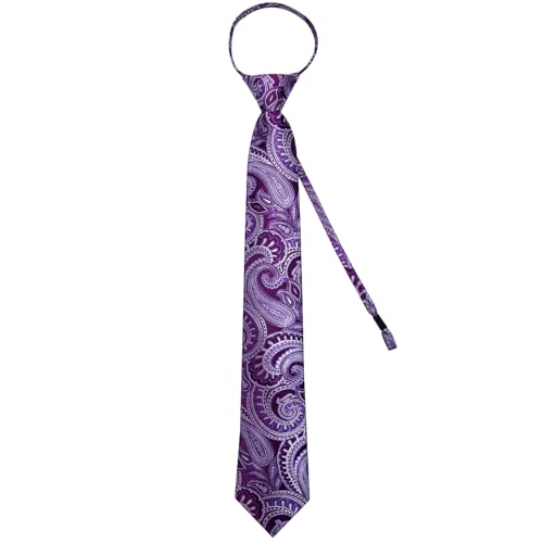 Image of DiBanGu Silk Zipper Ties for Men,Paisley Solid Plaid Pre-tied Tie and Pocket Square Cufflinks Set Formal Adjustable Necktie