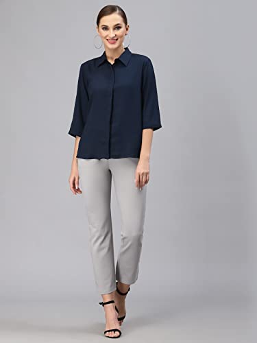Image of Style Quotient Women Solid Aqua Green Polycrepe Formal Shirt