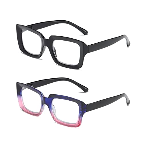 MMOWW 2 Pacco Occhiali da Lettura Donna Rettangolari - Oversize Square Frame Anti Luce Blu Occhiali（nero + blu e viola, +2.0