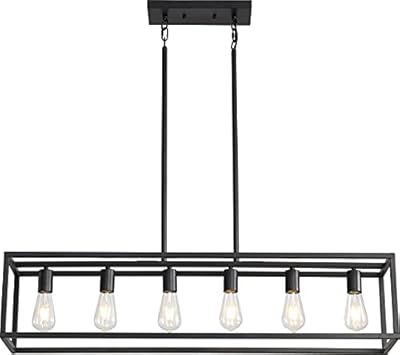 Black Farmhouse Kitchen Island Lighting, Modern Industrial Chandelier, 6-Light Linear Rectangular Pendant Light Fixtures for Farmhouse Kitchen Dining Room Bar Foyer(Metal, Height Adjustable)