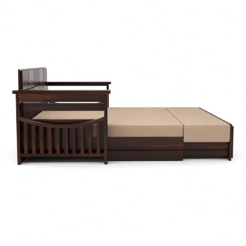 Image of Kunjal Furniture Solid Sheesham Wood Sofa Cum Bed with Storage for Living Room | Natural Finish | 3-Seater Convertible Sofa Bed | Handmade Wooden Furniture (Walnut (Beige), Contemporary)