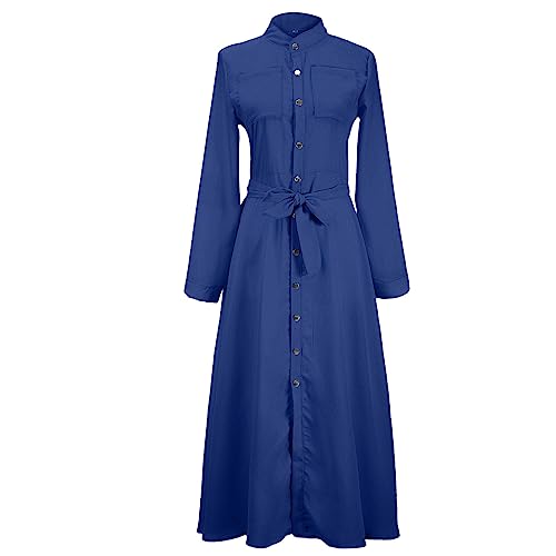 Damen Chiffon Tie Taille Boden Länge Shirt Kleid Langärmeliges Wickelkleid mit Knopfleiste und Brusttaschen (EU Größe 2XL Asia 3XL,Blau)