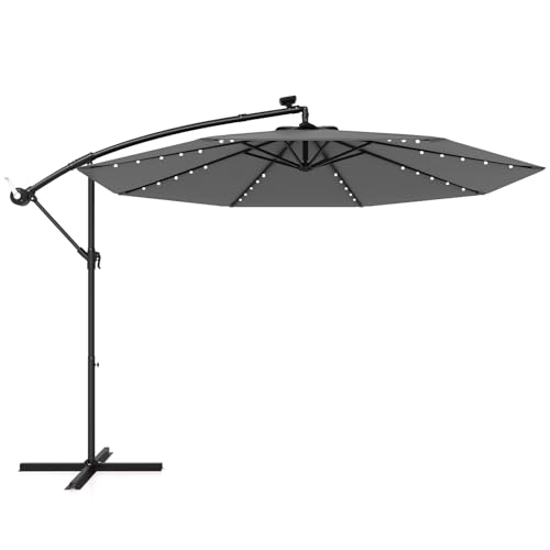 RELAX4LIFE Ombrellone da Giardino 300 cm con Luci LED, Inclinazione Regolabile, Pannello Solare, per Esterno (Grigio)