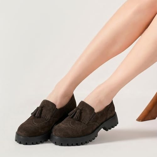 Image of BEAU TODAY Chunky Loafers for Women, Women's Leather Platform Loafers, Lug Sole Tassel Slip On Loafers Shoes Brogues Wingtip Casual Business Shoes Comfortable Dressy