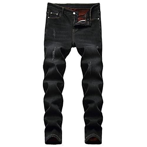 Men's Fleece Lined Jeans Slim-Fit Thick Warm Trousers in Winter Thicken Elastic Jean Pants with Flannel Lining
