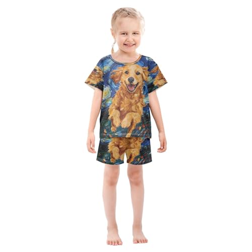 ALAZA Golden Retriever Dog Van Gogh Pajamas Set Short Sleeve Cotton Sleepwear Summer Pjs 2 Piece 5-14Y3
