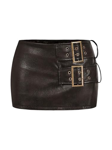 MakeMeChic Women's PU Leather Mini Skirt Buckle Bodycon Skirts Skort Clubwear Brown Medium