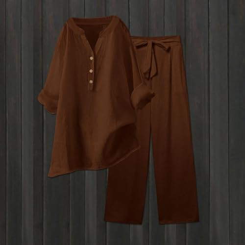 Two Piece Sets for Women Summer Outfits Lounge Sets V-Neck Linen Wide Leg Crop Pants Vacation Travel Outfits, S-5XL3