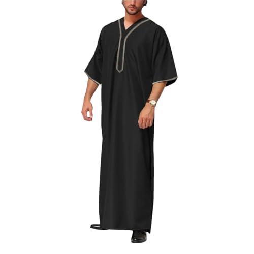 Adhdyuud Men Muslim Jubba Abaya Thobe Solid Button Kimono Middle Robe Saudi Stand Collar Islamic Arabic Kaftan
