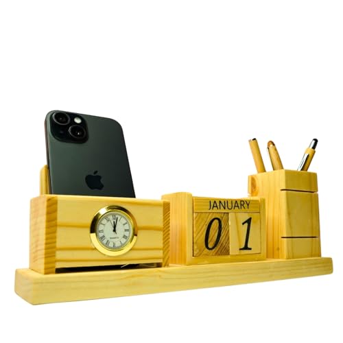 Image of CRAFT CLOSET & GIFTS Customized Steam Breech Wooden Office Study Desk Supplies Organizer Stand with Clock, Calendar, Pen /Pencil Holder & Phone /Card Slot For IAS, Advocates, Office & Corporate Gifts
