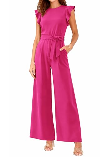 BTFBM Jumpsuits For Women 2026 Crew Neck Dressy Cap Sleeve Belted High Waist Wide Leg Romper One Piece Casual Outfits Pockets(Rose Red, X-Large)
