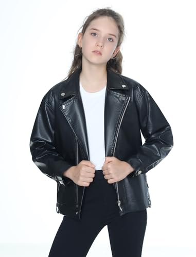 Mebius Girls Oversize Leather Jacket Kids Long Sleeve PU Faux Leather Pockets Youth Zip Up Outerwear Coats3