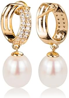 Pearl Drops Dangle Earrings for Women – Hypoallergenic Sterling Silver Studs with Cubic Zirconia Accents, Elegant Real Cultured Freshwater Pearls Perfect for Daily Wear and Christmas Gifts