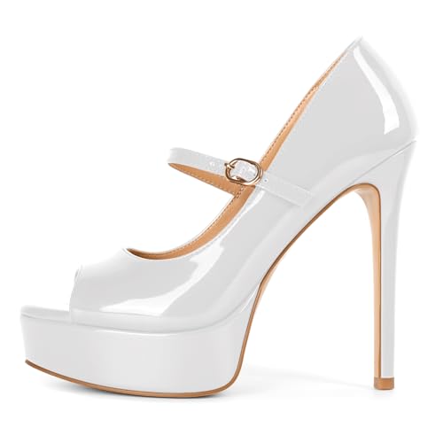 Image of SAMMITOP Women's Peep Toe High Heels Platform Stiletto Pumps Patent Mary Jane Heels 5.5 inch Party Wedding Dress Shoes